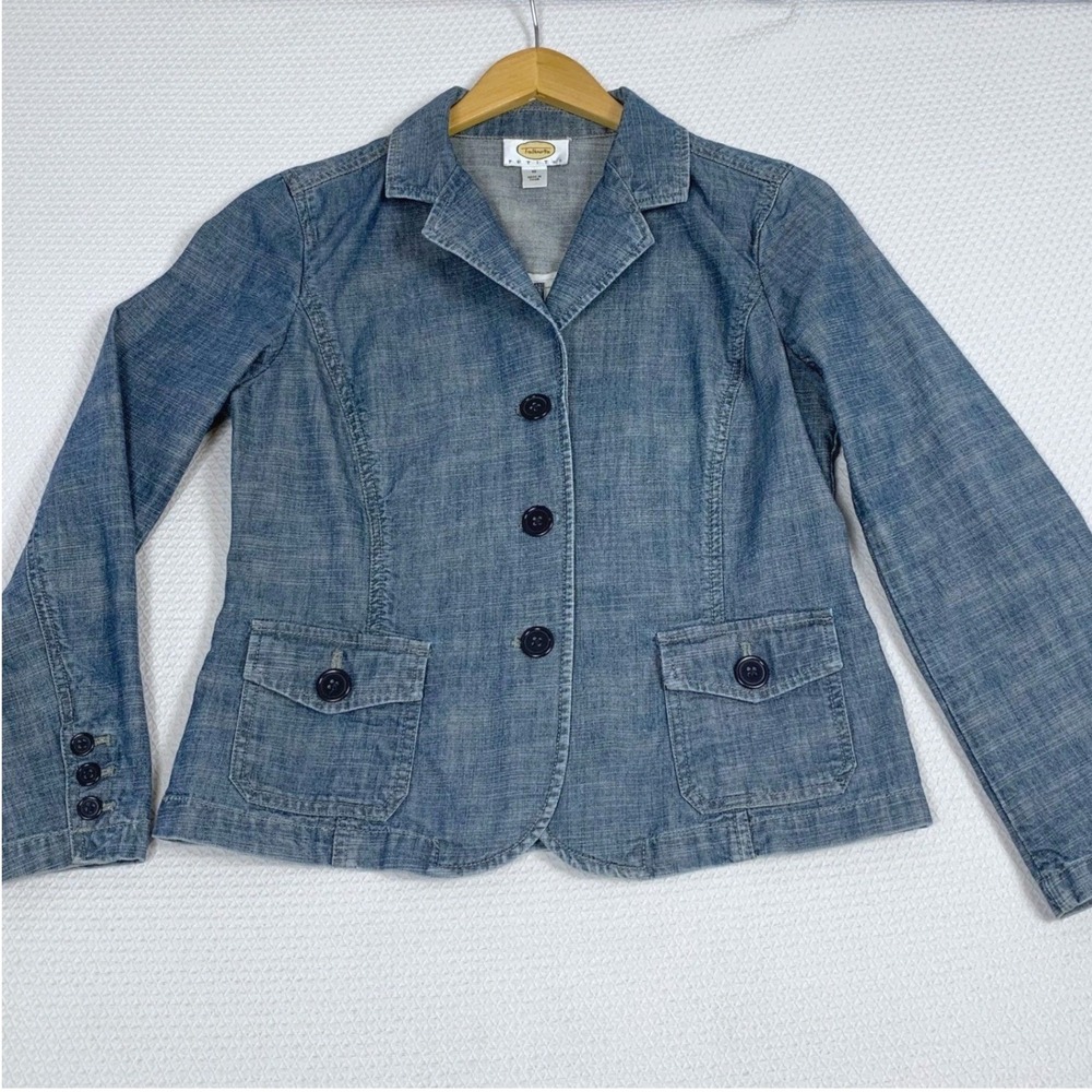 Talbots Petites 10P Blue Denim Blazer Jacket 100% Cotton Button Front Suit Coat
